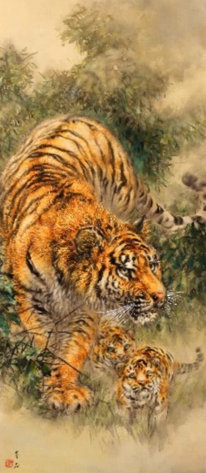 大橋翠石「猛虎護児図」